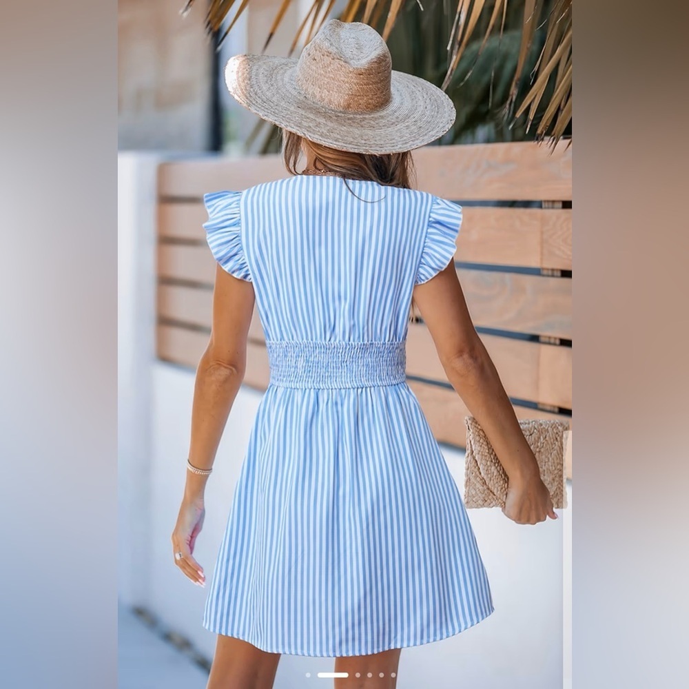 Cupshe Blue Striped V-Neck Flutter Sleeve Mini Dress NWT - Picture 3 of 13